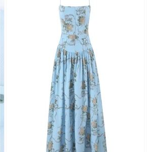 Sky Blue Floral Maxi Dress with Spaghetti Straps